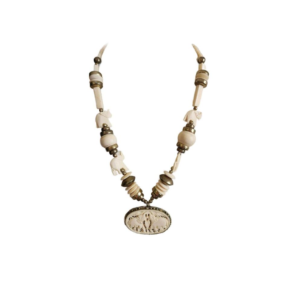 Vintage Carved Bone and Brass Elephant Medallion Necklace